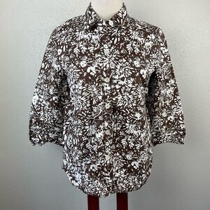 EUC Liz Claiborne Womens 3/4 Sleeve 100% Linen Floral Print Button Down Top Sz M
